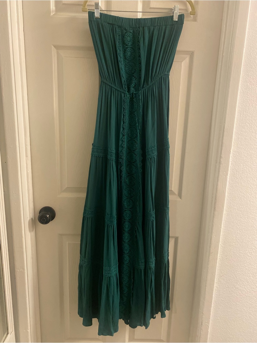 Justify Strapless Emerald Green Maxi Dress with Crochet Trim